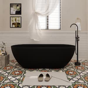 59 in. x 30 in. Stone Resin Solid Surface Non-Slip Freestanding Soaking Bathtub with Brass Drain and Hose in Matte Black