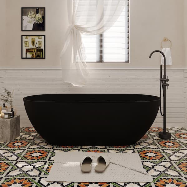VANITYFUS 59 in. x 30 in. Stone Resin Solid Surface Non-Slip Freestanding Soaking Bathtub with Brass Drain and Hose in Matte Black