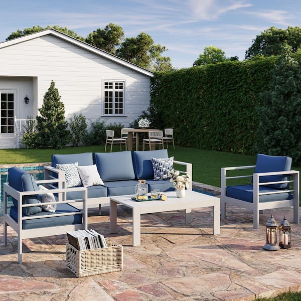 4-Piece Aluminium 5-Seat Outdoor Patio Conversation Set with Blue Cushions