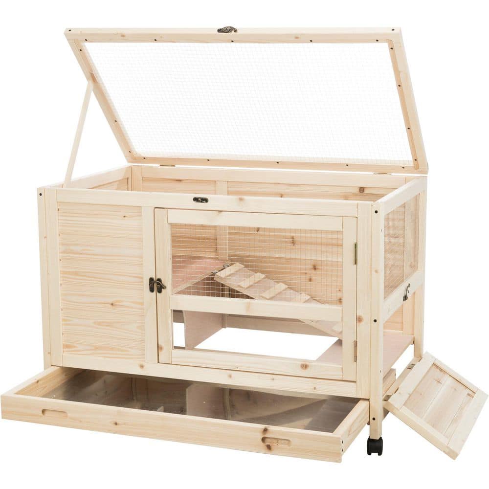 Natural Wood Indoor Hutch for Small Pets with Lockable Wheels