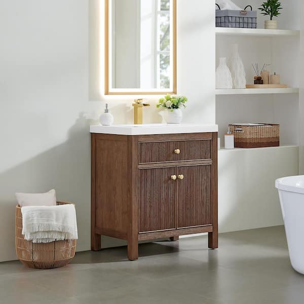 Cerrito 30 in. Single Freestanding Brown Brushed Oak Bath Vanity with White Artificial Stone Top Assembled