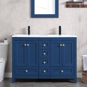 48 in. W. x 18 in. D x 34 in. H Sink Bath Vanity in Blue with White Resin Double Sink Top and Drain Faucet Set