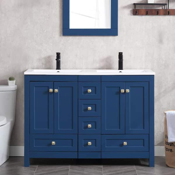 eclife 48 in. W. x 18 in. D x 34 in. H Sink Bath Vanity in Blue with White Resin Double Sink Top and Drain Faucet Set