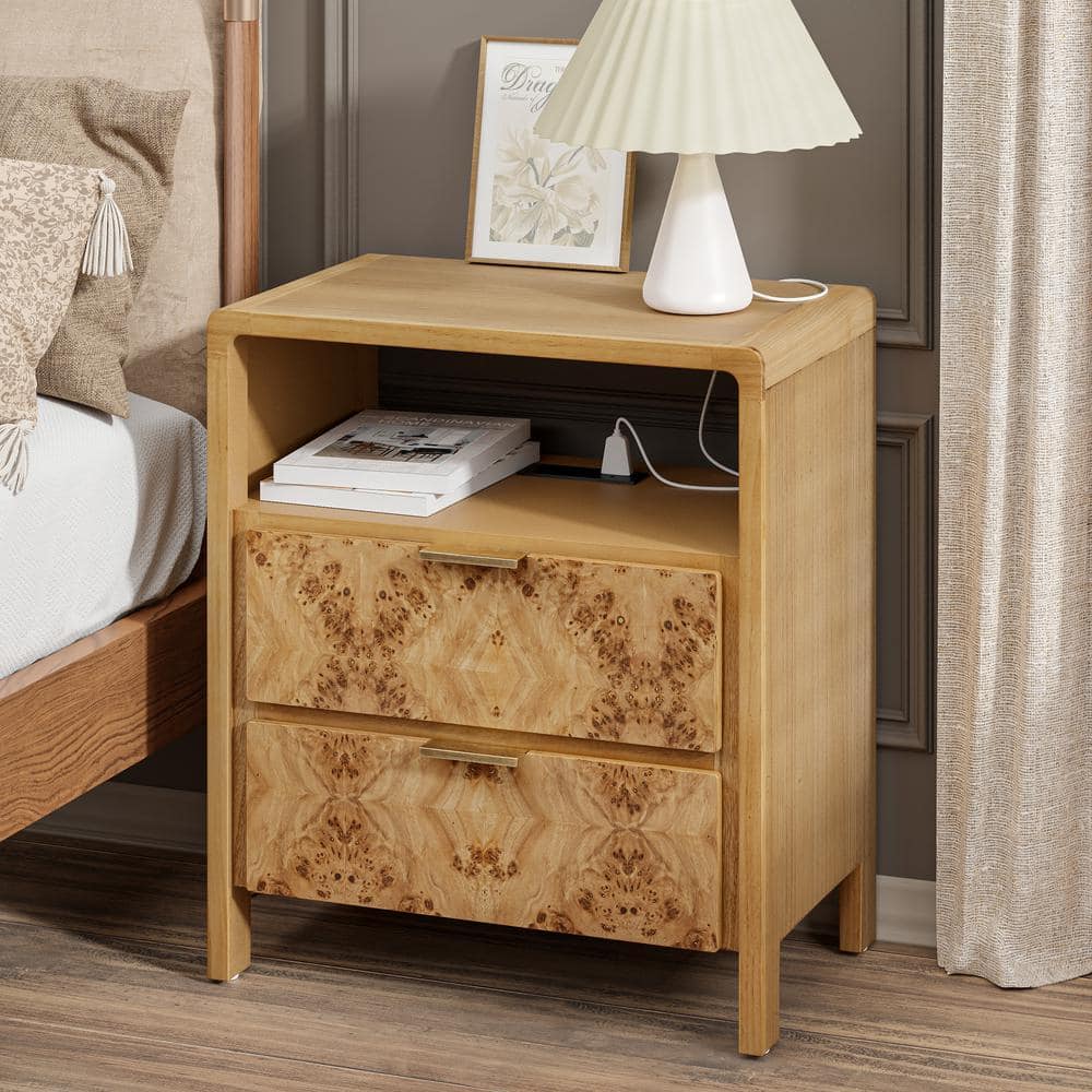 Natural Brown Wood 2-Drawer Nightstand with Charging Ports