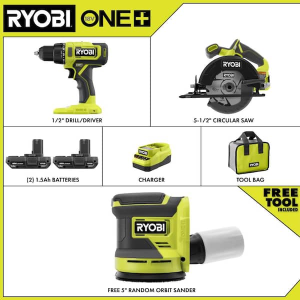 ONE+ 18V Cordless 2-Tool Combo Kit w/ Drill/Driver, Circular Saw, (2) 1.5 Ah Batteries, Charger, & FREE Sander