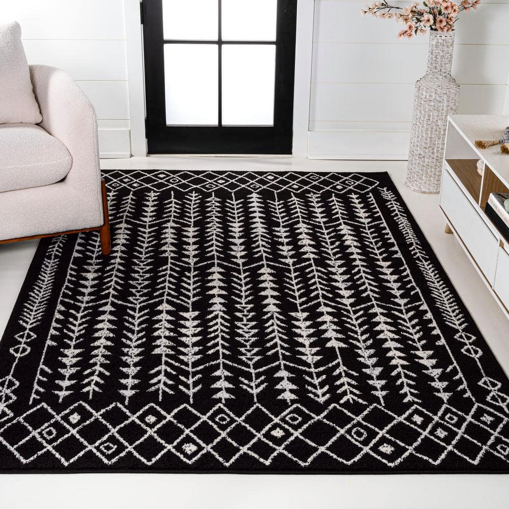 3' x 5' Black and Cream Synthetic Moroccan Geometric Area Rug