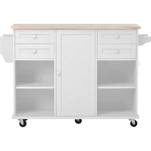 White Rolling Wood Top 52.8 in. Kitchen Cart Island with 5-Wheels Including 4-Lockable Wheels