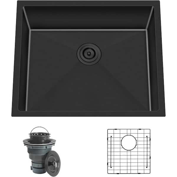 23 in. Undermount Single Bowl 16-Gauge Gunmetal Black Stainless Steel Kitchen Sink with Strainer and Grid