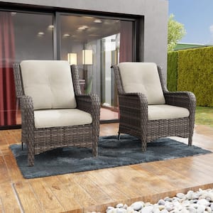 Ergonomic Arm 2-Piece Patio Wicker Outdoor Lounge Chair with Thick Beige Cushions