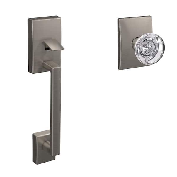 Schlage Custom Century Satin Nickel Entry Door Handle with Hobson Glass Door Knob and Century Trim