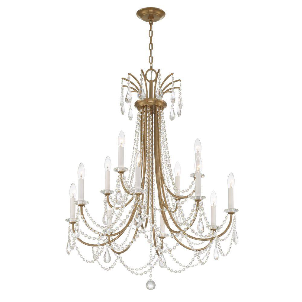 Aged Brass 12-Light Chandelier with Hand Cut Crystal