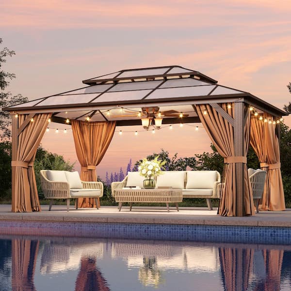 Sizzim 16 ft. x 12 ft. Outdoor Brown Polycarbonate Gazebo with Double Roof, Curtains, and Netting for Backyard