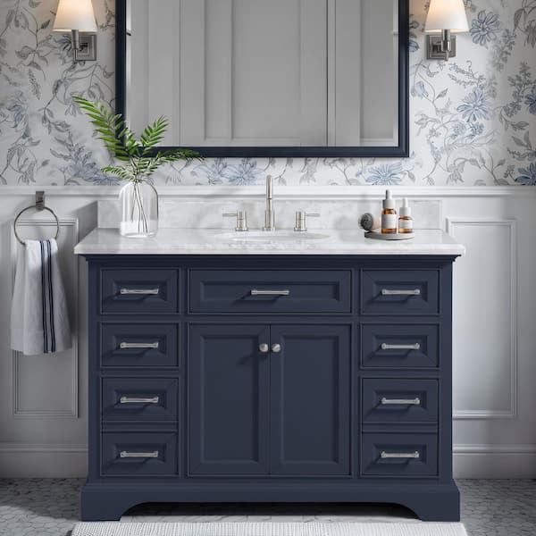 Windlowe 49 in. Single Sink Navy Blue Bath Vanity with White Carrara White Marble Top (Assembled)
