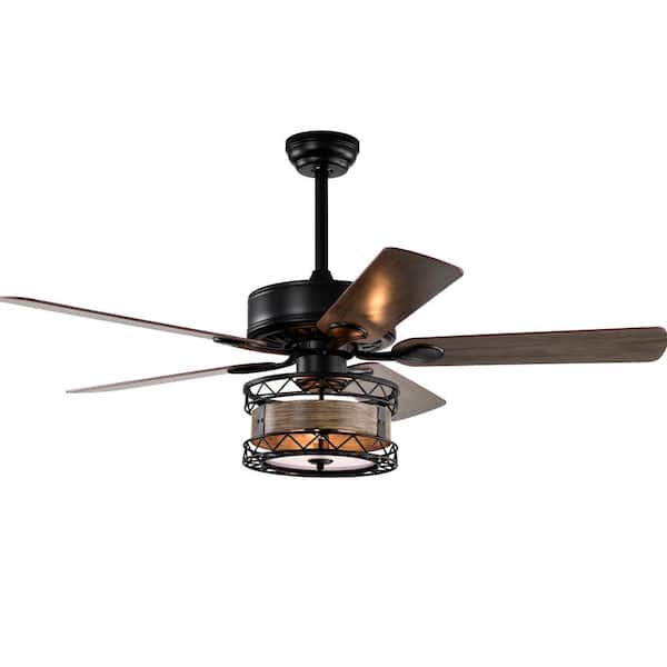 HKMGT Farmhouse 52 in. Indoor Black Ceiling Fan with Industrial Cage Lampshade, 2-Color-Option Blades and Remote Included