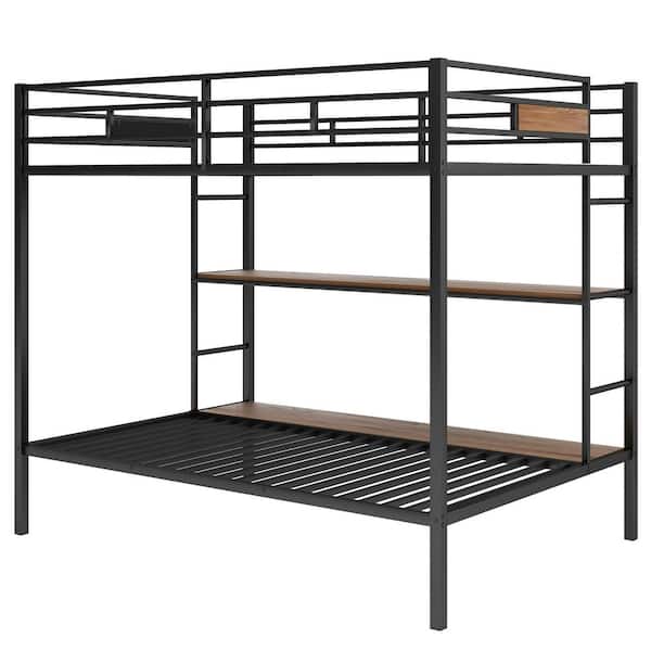 wetiny Brown Full over Twin / Full Metal Bunk Bed with Shelves