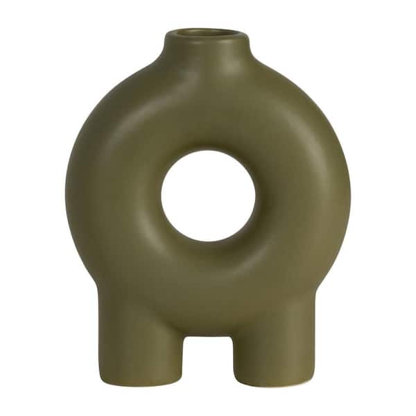 7 in. Green Ceramic Donut Shape Footed Decorative Vase