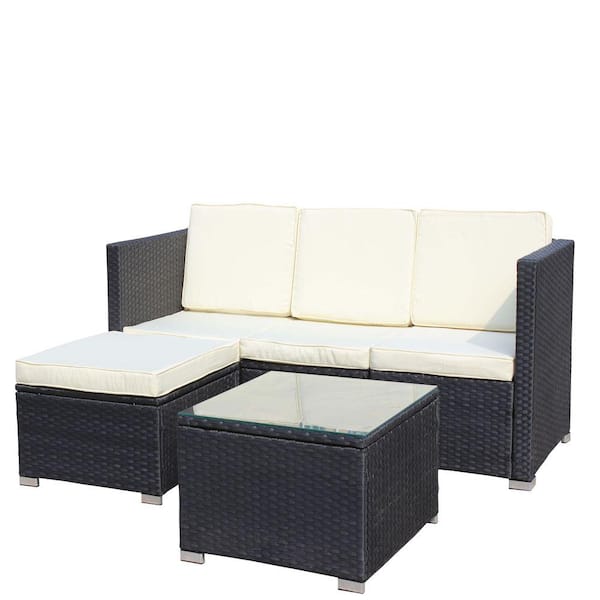 5-Piece Outdoor Garden Patio Furniture Set, PE Rattan Wicker Sofa with Beige Cushions and Coffee Table, Couch Set
