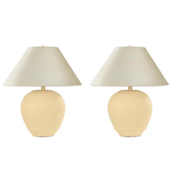 21.65 in. Cream Ceramic Table Lamp Set with White Fabric Bell Shade and Cable (Set of 2)
