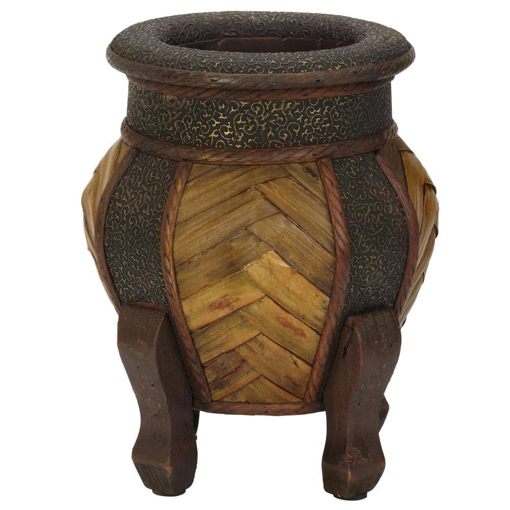 Rustic Multi-Textured Round Wooden Planters, Dark & Light Brown, Set of 2