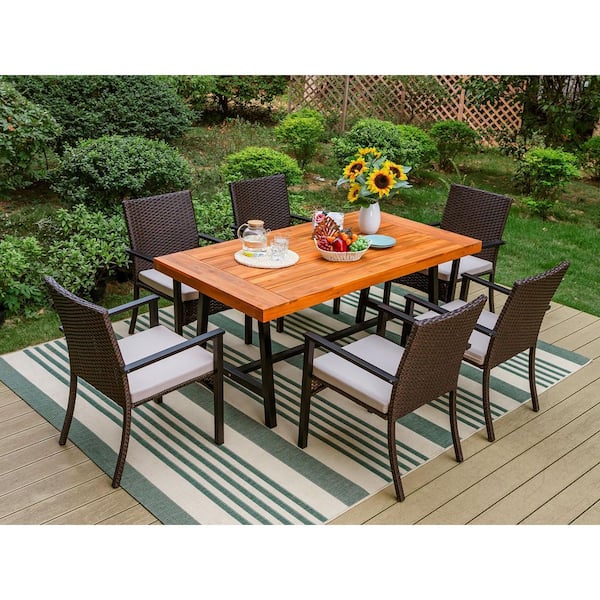 PHI VILLA Black 7-Piece Metal Patio Acacia Wood Outdoor Dining Set with Rectangular Table and Rattan Chair with Beige Cushion