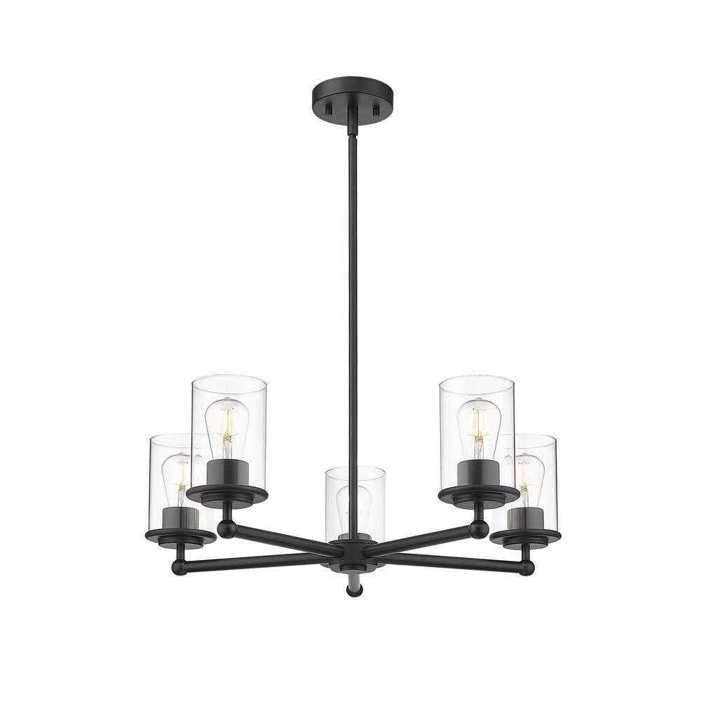 Matte Black 5-Light Steel Chandelier with Clear Glass Shades
