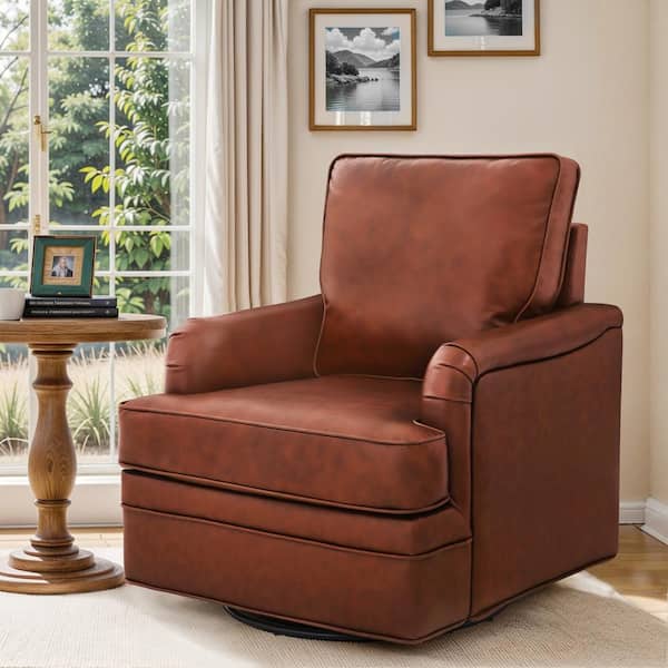 COZYMAN Fabry Red Brown Mid-Century Genuine Leather Swivel Accent Chair Modern Upholstered Barrel Chair with Metal Base