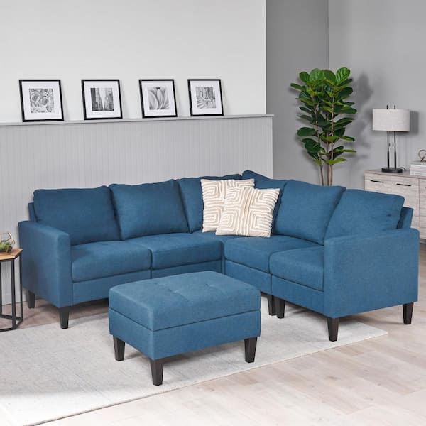L Shaped Sectional Sofa With Ottoman, Navy Blue Leather Sectional Couch