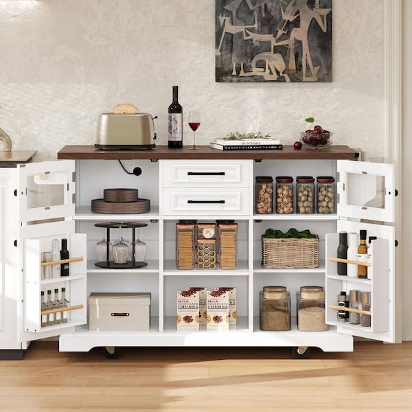 White Wood 54.9 in. Kitchen Island with Drop Leaf, Power Outlet, 4 Door Shelves, Cross Barn Doors and Visual Glass Door