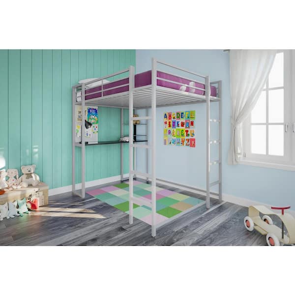 Alana Silver Full Metal Loft Bed with Desk