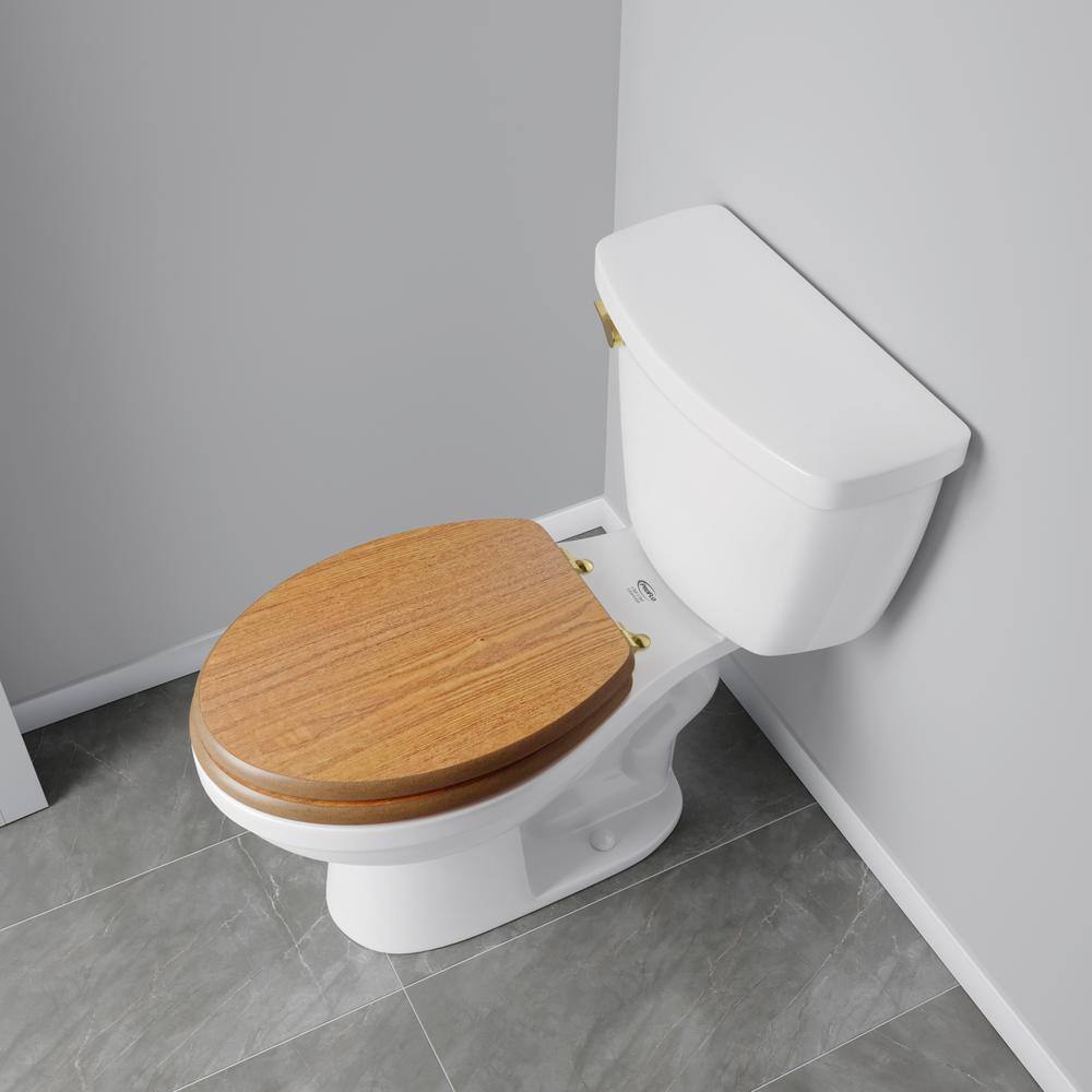 Light Oak Elongated Wood Toilet Seat with Brass Hinges