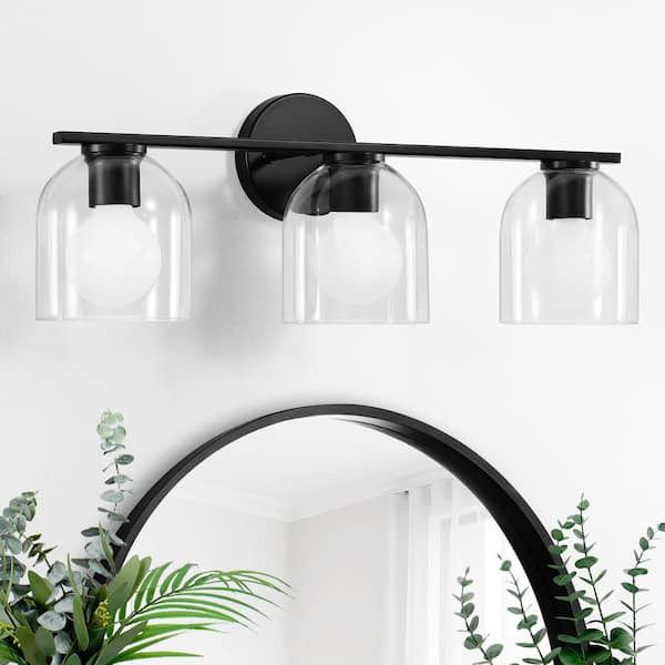 23 in. 3-Light Modern Black Vanity Light with Clear Glass Shade Farmhouse Wall Sconce For Bathroom Light Fixtures