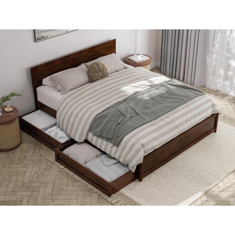 Wesley Walnut Queen Wood Platform Bed with Storage Drawers