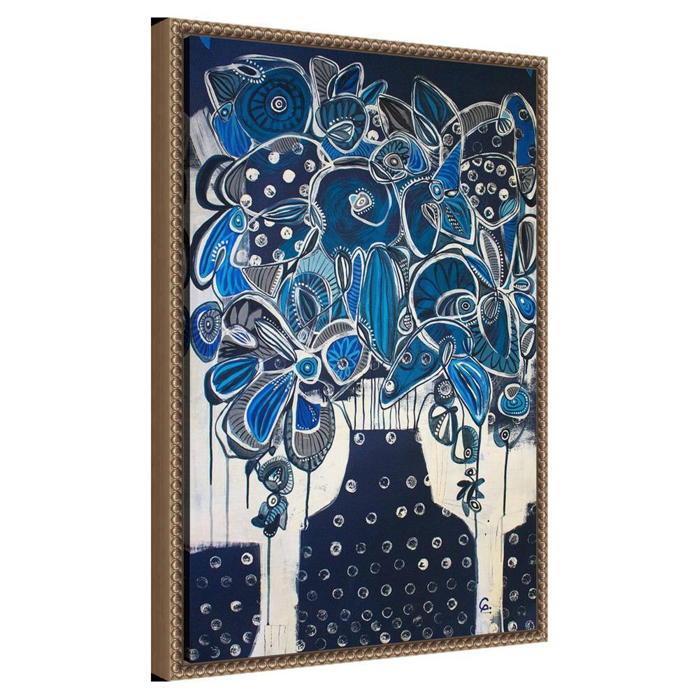 Indigo Floral Abstract Canvas Print with Bronze Floater Frame