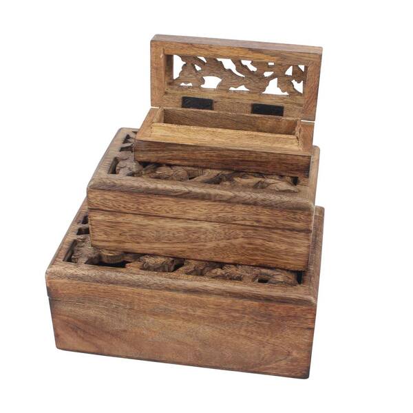 Stonebriar Collection 8 in. x 3 in. Carved Floral Natural Wooden Boxes (Set of 3)