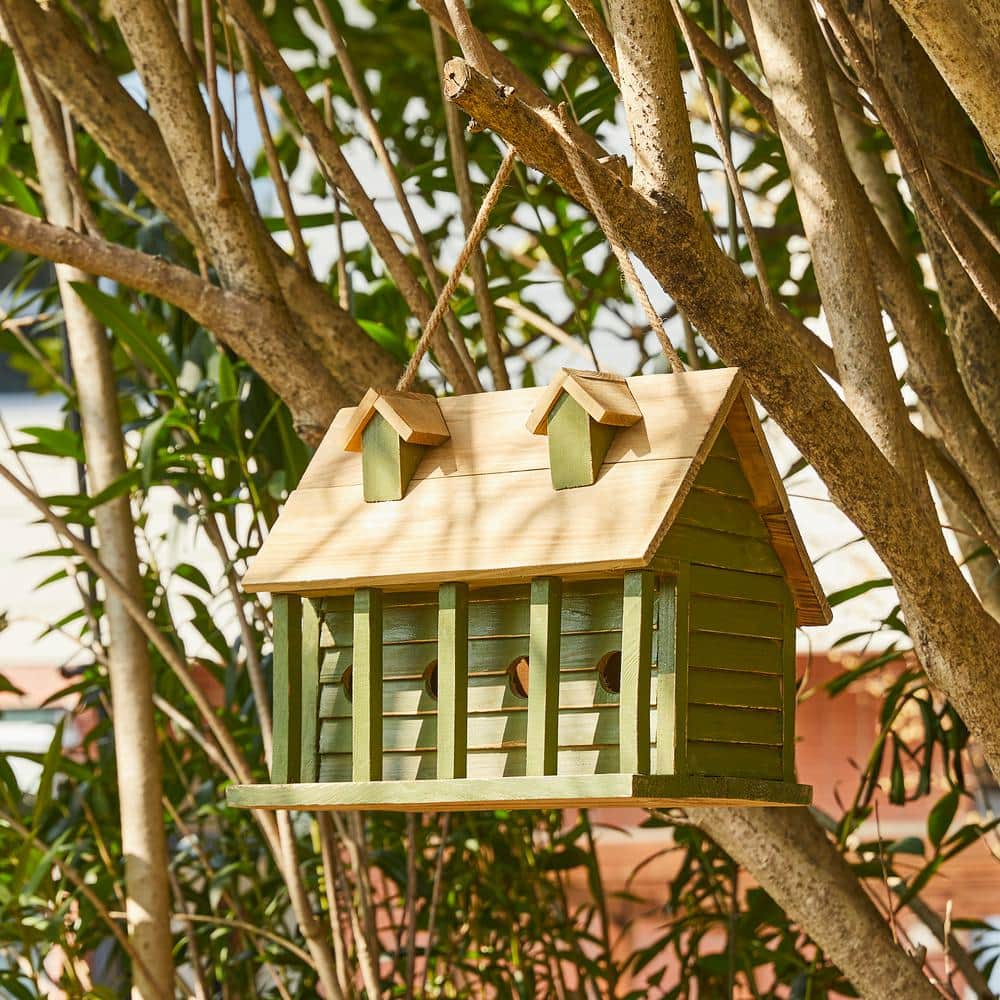 14.25" Green and Natural Wood Hanging Birdhouse