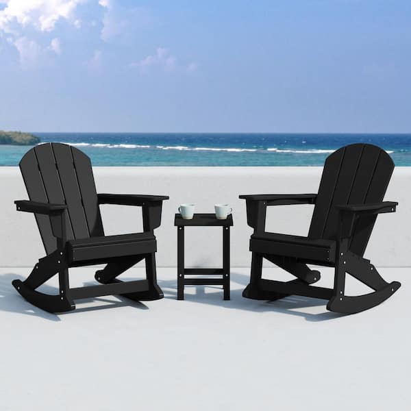 Laguna 3-Piece Fade Resistant Outdoor Patio HDPE Poly Plastic Adirondack Rocking Chairs and Side Table Set, Black