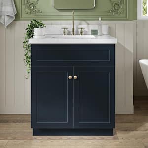 Hamlet 31 in. W x 22 in. D x 36 in. H Bath Vanity in Midnight Blue with White Carrara Marble Vanity Top