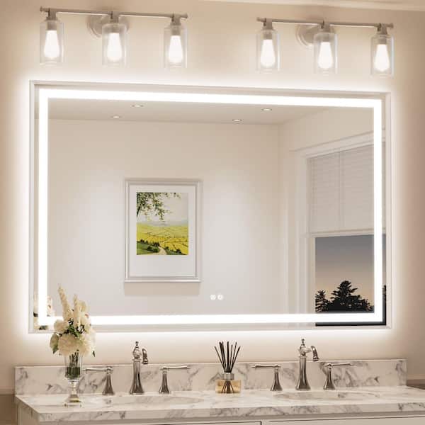 55 in. W x 36 in. H Framed LED Lighted Bathroom Vanity Mirror with Light in Brushed Nickel with Backlit and Anti-Fog