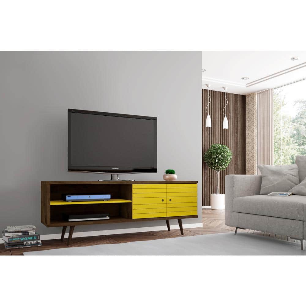 Liberty 63" Rustic Brown and Yellow Mid-Century Modern TV Stand with Cabinet