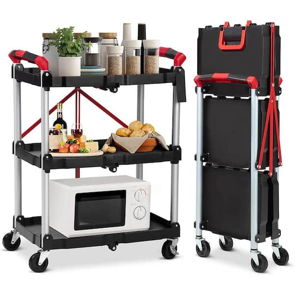Unbranded 3-Layers Folding Collapsible Plastic Serving Cart Utility Cart with Metal Frame, Black