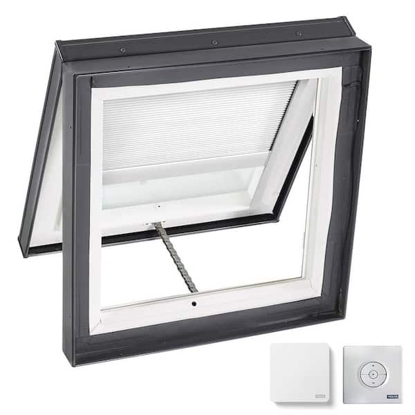 VELUX 22-1/2 in. x 22-1/2 in. Venting Curb Mount Skylight w/ Tempered Low-E3 Glass & White Solar Powered Room Darkening Blind