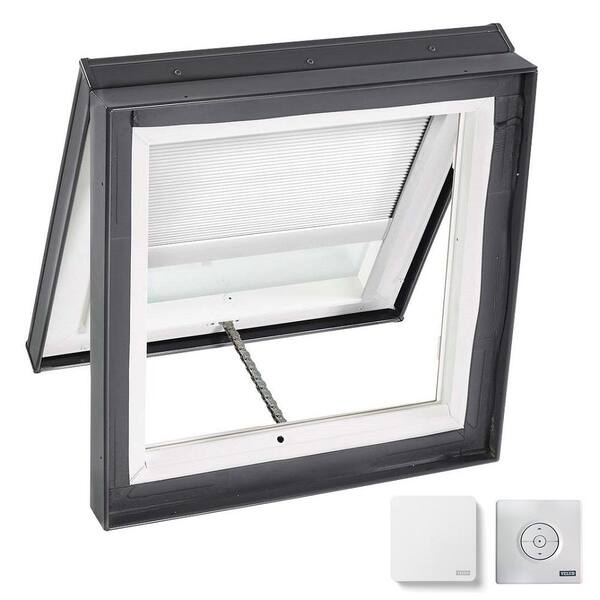 VELUX 30-1/2 in. x 30-1/2 in. Venting Curb Mount Skylight w/ Laminated Low-E3 Glass & White Solar Powered Room Darkening Blind