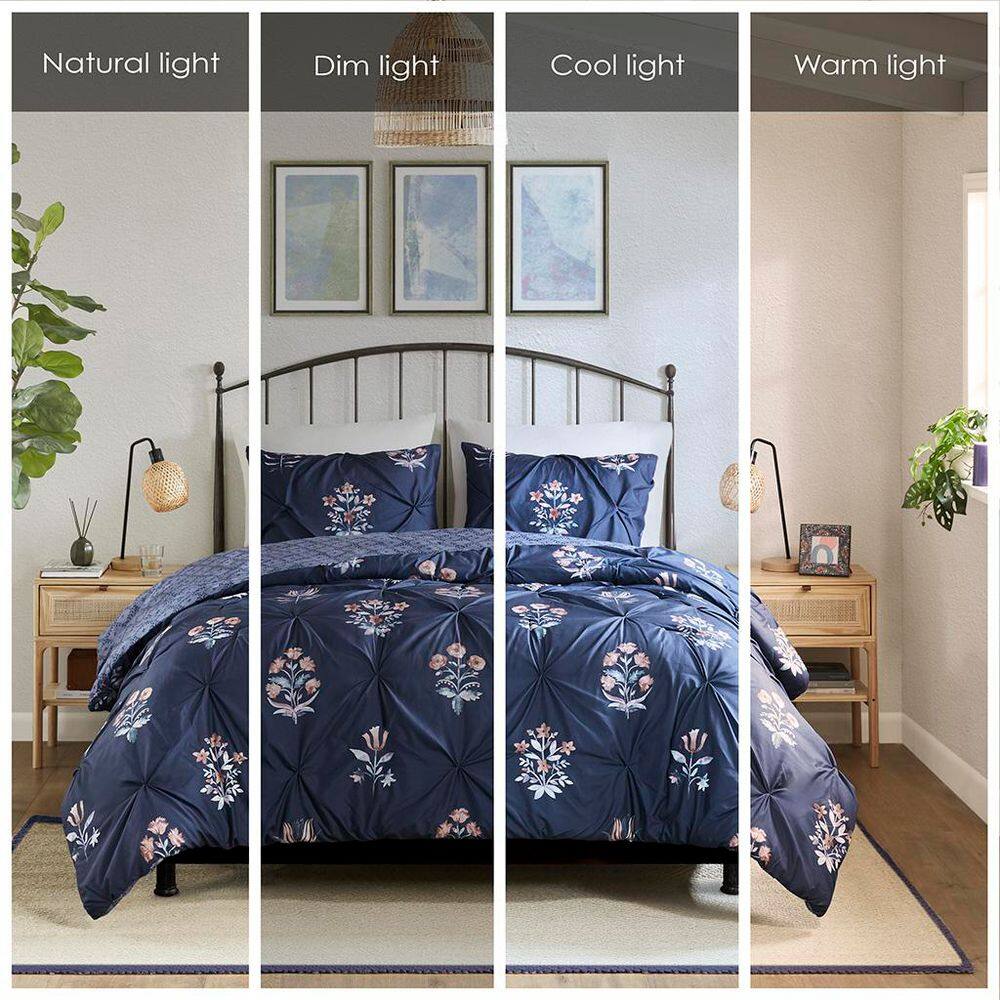 Navy Floral Pintuck Cotton Full/Queen Bedspread Set