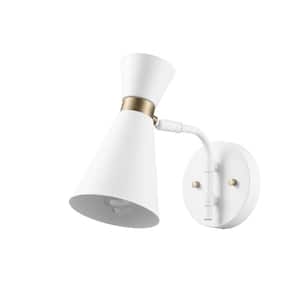 1-Light White Wall Sconce with Matte Brass Accents