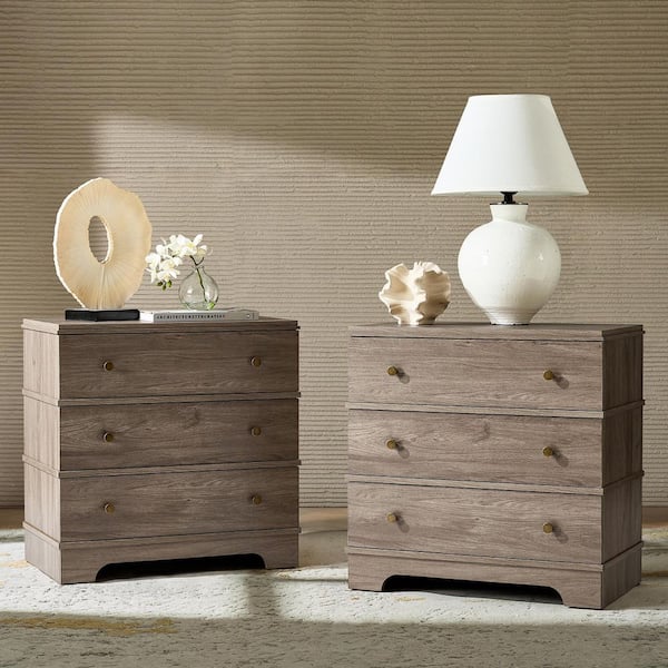 Carla Grey 3-Drawer 26 in. W Nightstand with Built-In Charging Station Set of 2