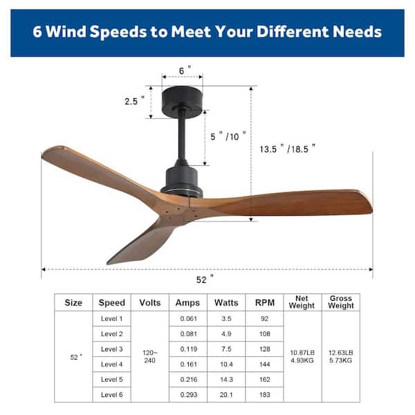 LINJO 52 In. Indoor Black Solid Wood Fan Blade 6 Speeds