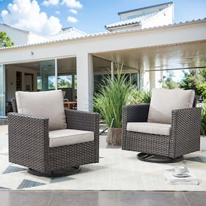 Brown Swivel Glider Wicker Outdoor Rocking Chair with Beige Cushions (2-Pack)