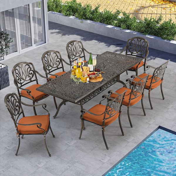 HOMMOW Modern Rustic Brown Frame 9-Piece Metal Rectangular Table 28 in. Height Outdoor Dining Set with Brown Cushions