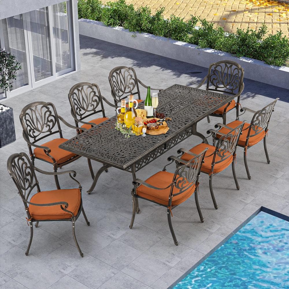 Modern Rustic Brown Frame 9-Piece Metal Rectangular Table 28 in. Height Out