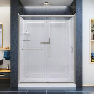Infinity-Z 30 in. x 60 in. Semi-Frameless Sliding Shower Door in Brushed Nickel with Center Drain Base and Back Wall